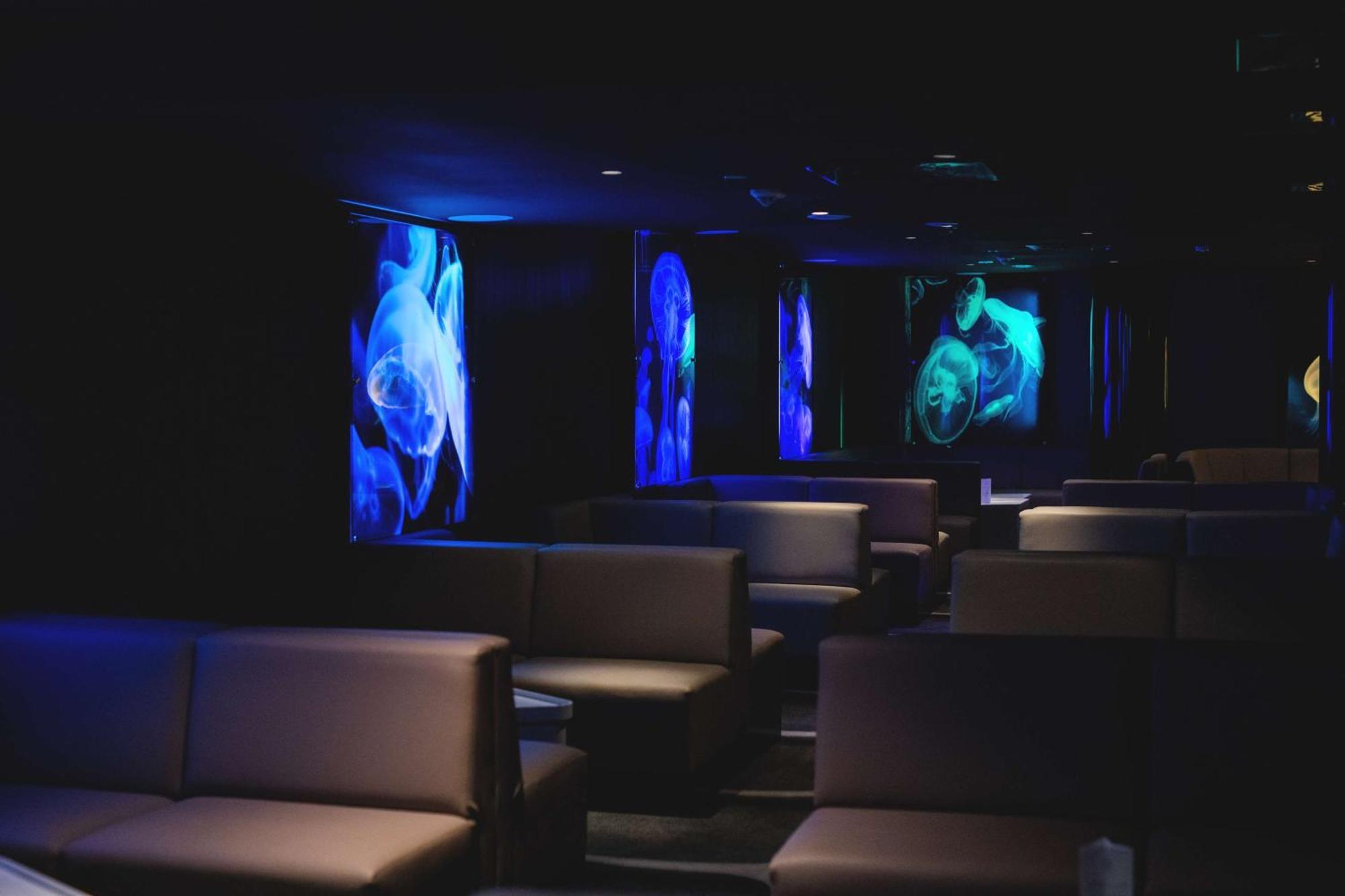 Radisson Blu Resort Świnoujście Zewnętrze zdjęcie The photo shows a dimly lit interior space, likely a lounge or a seating area. The walls are adorned with glowing blue and turquoise images, possibly of jellyfish or abstract aquatic forms, creating an ambient atmosphere. There are several upholstere
